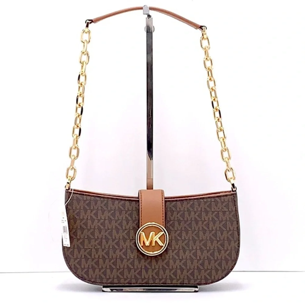 MICHAEL KORS Carmen Small Shoulder Pochette Bag BROWN SIGNATURE COLOR  NWT